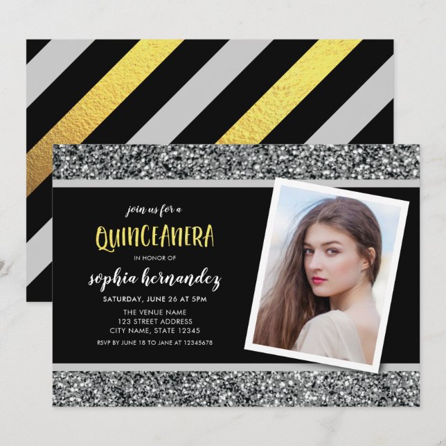 Silver Glitzer Foto Quinceanera Einladung (Vorne/Hinten)