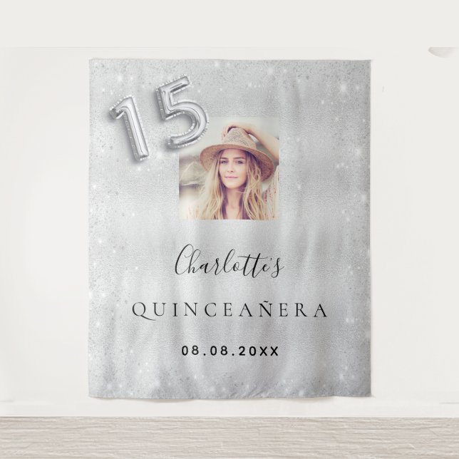Silver Glitzer Foto Quinceanera willkommen Wandteppich (Vorderseite)