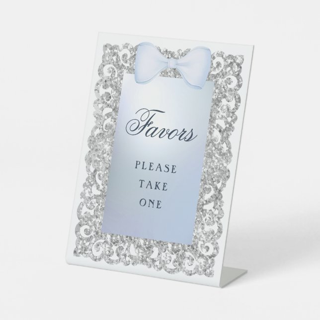 Silver Glitzer Frame Blue Bow-Favoriten Sockelschild (Vorderseite)