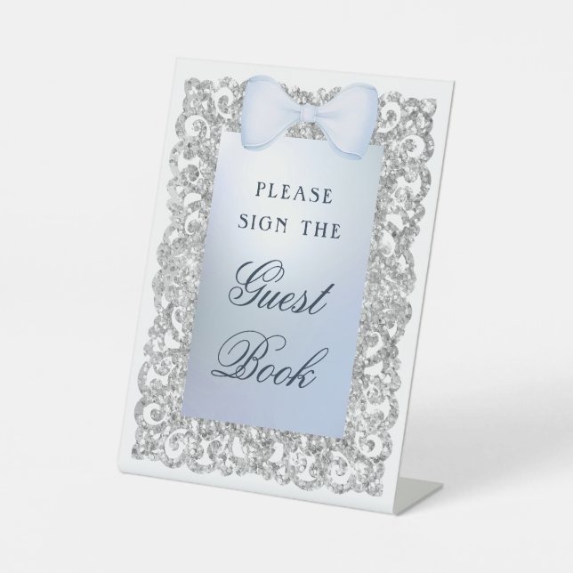 Silver Glitzer Frame Blue Bow Gästebuch Sockelschild (Vorderseite)