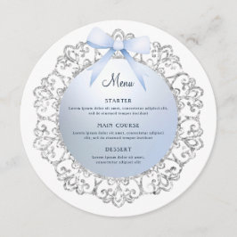 Silver Glitzer Frame Blue Bow Round Menükarte
