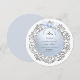 Silver Glitzer Frame Blue Bow Round Menükarte