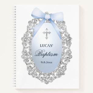 Silver Glitzer Frame Blue Bow Taufbuch Notizbuch