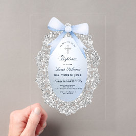 Silver Glitzer Frame Blue Bow Taufe Acryleinladungen