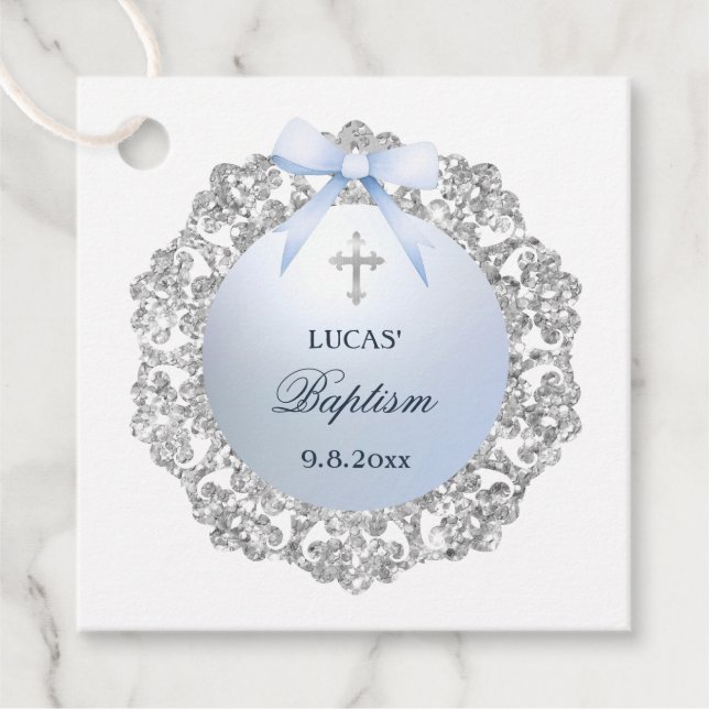 Silver Glitzer Frame Blue Bow Taufe Geschenkanhänger (Vorderseite)