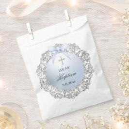 Silver Glitzer Frame Blue Bow Taufe Geschenktütchen