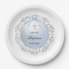 Silver Glitzer Frame Blue Bow Taufe Pappteller