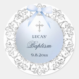 Silver Glitzer Frame Blue Bow Taufe Runder Aufkleber