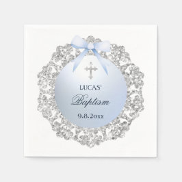 Silver Glitzer Frame Blue Bow Taufe Serviette