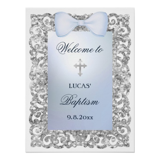 Silver Glitzer Frame Blue Bow Taufe Willkommen Poster (Vorderseite)