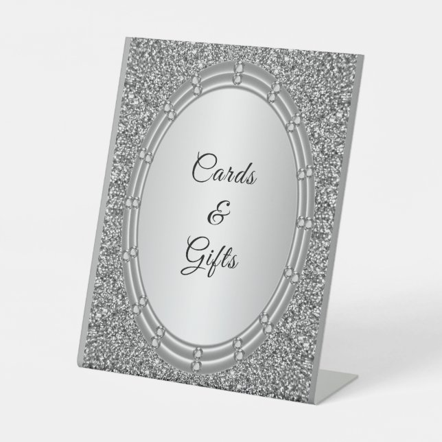 Silver Glitzer Frame Cards & Gifts Tabletop Signs Sockelschild (Vorderseite)