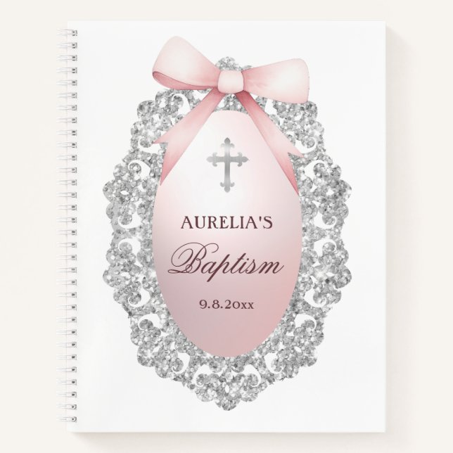 Silver Glitzer Frame Pink Bow Taufbuch Notizbuch (Vorderseite)