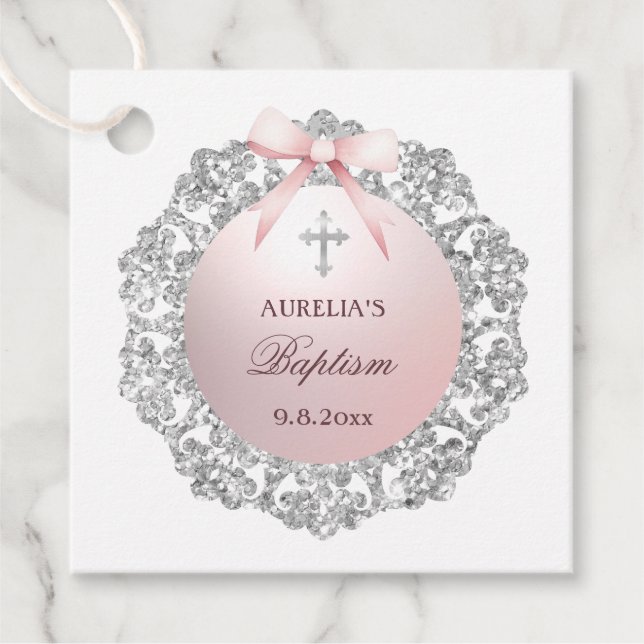Silver Glitzer Frame Pink Bow Taufe Geschenkanhänger (Vorderseite)