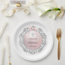Silver Glitzer Frame Pink Bow Taufe Pappteller