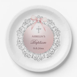 Silver Glitzer Frame Pink Bow Taufe Pappteller