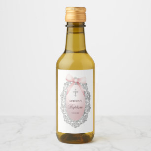 Silver Glitzer Frame Pink Bow Taufe Weinetikett