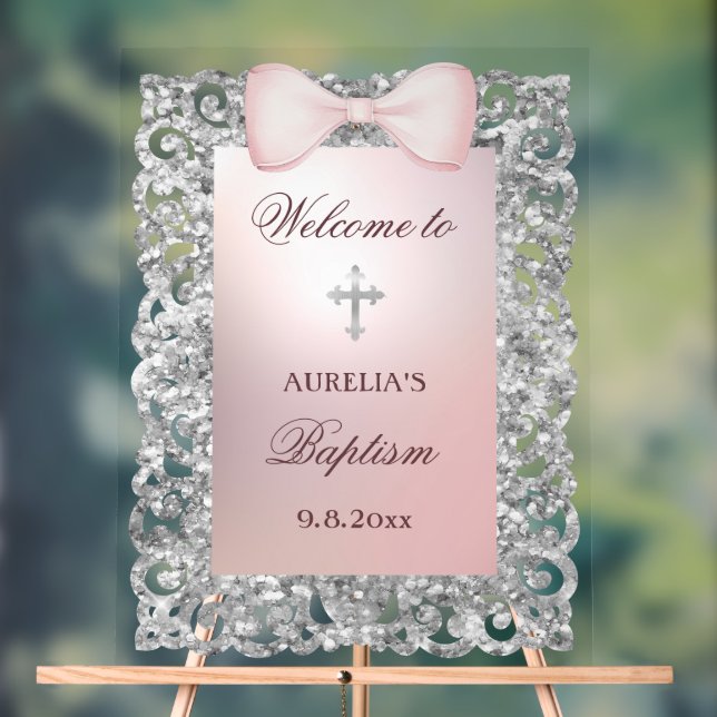 Silver Glitzer Frame Pink Bow Taufe Willkommen Acrylschild (Neutral)