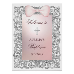 Silver Glitzer Frame Pink Bow Taufe Willkommen Poster