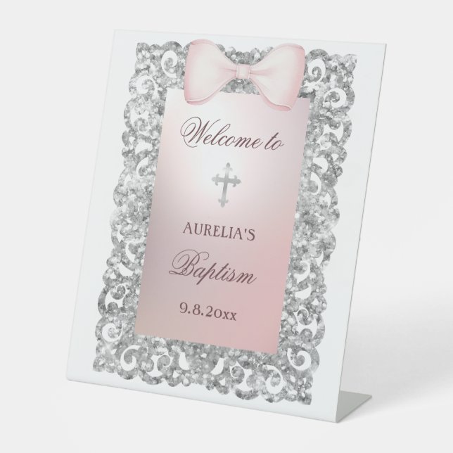Silver Glitzer Frame Pink Bow Taufe Willkommen Sockelschild (Vorderseite)