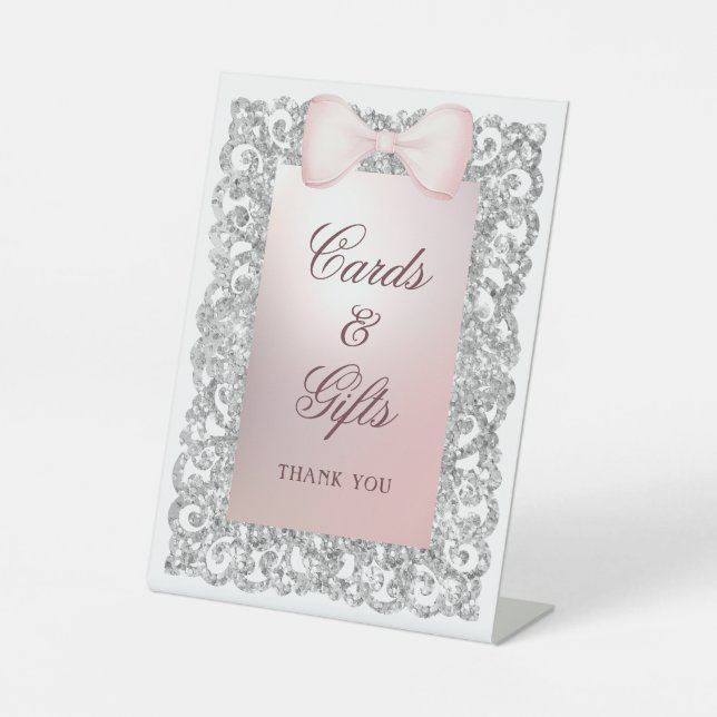Silver Glitzer Frame Rosa Bow Cards & Geschenke Sockelschild (Vorderseite)