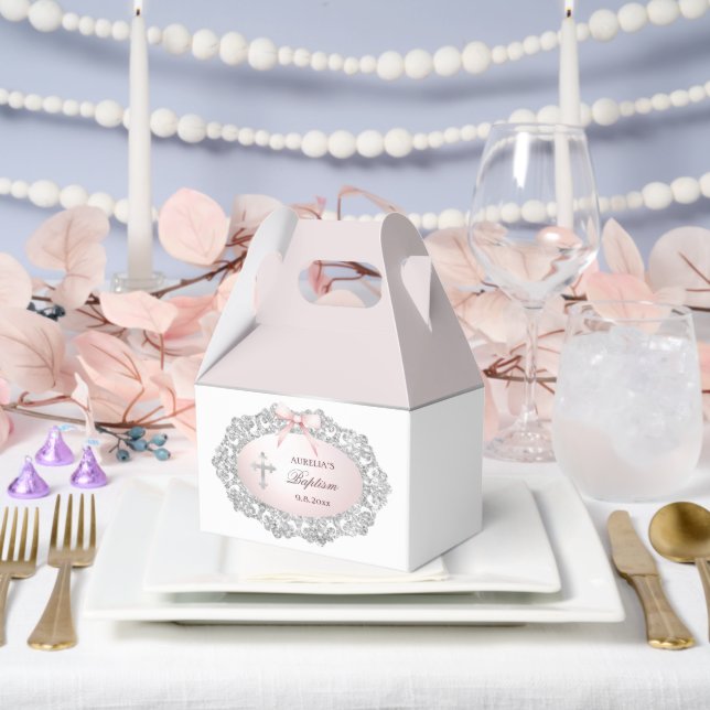 Silver Glitzer Frame Rosa Bow Taufe Big Gable Geschenkschachtel (Hochzeit)
