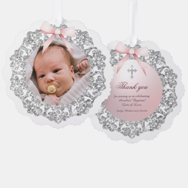Silver Glitzer Frame Rosa Taufe Vielen Dank Ornament Karte (Vorderseite/Rückseite)