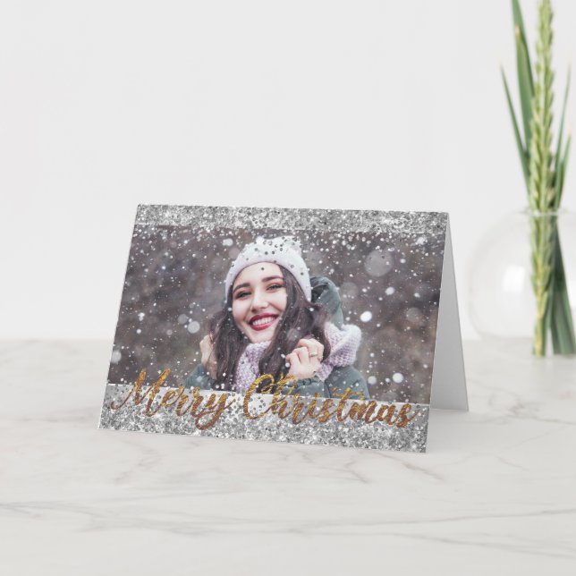 Silver Glitzer Frohe Weihnachts Foto Grußkarte Karte (Vorderseite)