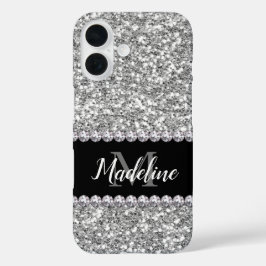 Silver Glitzer & Gemische mit Name und Monogramm iPhone 16 Hülle