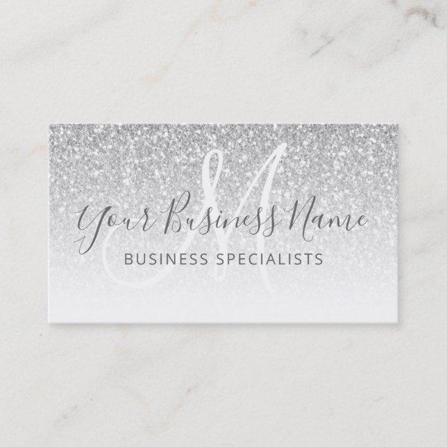 Silver Glitzer Girl Script Business Logo Monogram Visitenkarte (Vorderseite)