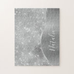 Silver Glitzer Glam Bling Personalisiert Metallic<br><div class="desc">Easily personalize this silver brushed metal and glamorous fauglitter patterned jigsaw puzzle with your own custom name.</div>