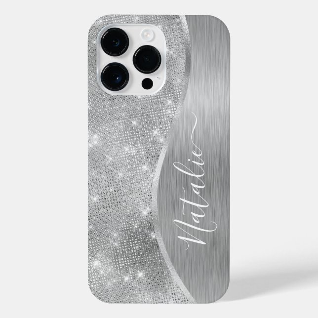 Silver Glitzer Glam Bling Personalisiert Metallic iPhone 14 Pro Max Hülle (Rückseite)