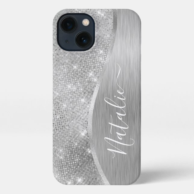 Silver Glitzer Glam Bling Personalisiert Metallic iPhone Hülle (Rückseite)