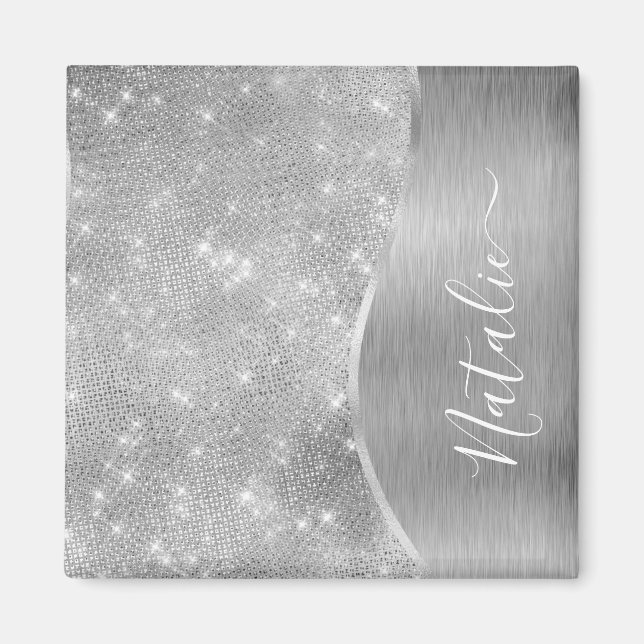 Silver Glitzer Glam Bling Personalisiert Metallic Magnet (Vorne)