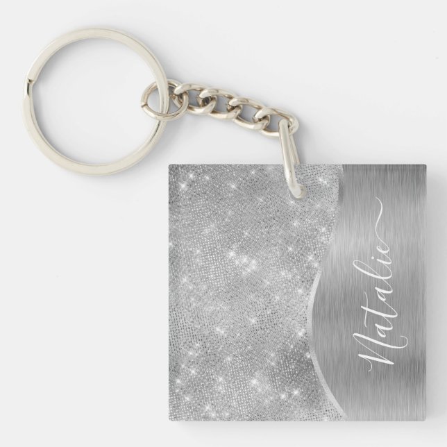 Silver Glitzer Glam Bling Personalisiert Metallic Schlüsselanhänger (Vorderseite)