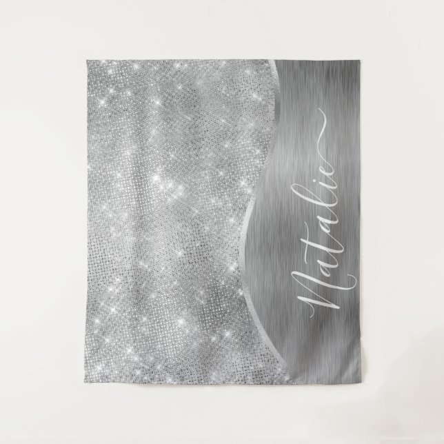Silver Glitzer Glam Bling Personalisiert Metallic Wandteppich (Vorderseite)