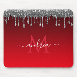 Silver Glitzer Glam Red Gradient Monogram & Name Mousepad