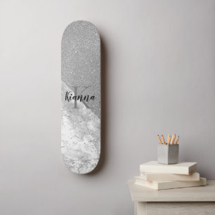Silver Glitzer Glam Silver Marble Monogram Skateboard