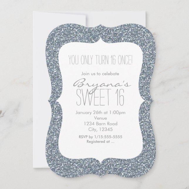 Silver Glitzer Glam Sweet 16 Einladungen zum Gebur (Vorderseite)