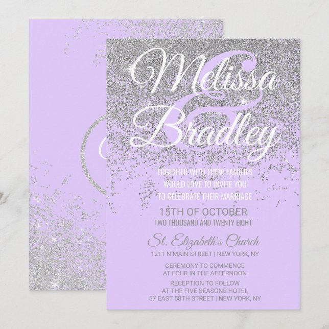 Silver Glitzer Glitzern Lavender Lila Hochzeit Einladung (Vorne/Hinten)