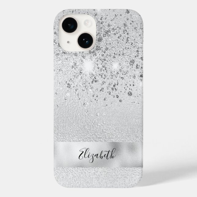 Silver Glitzer Glitzern Namensskript stilvoll Case-Mate iPhone 14 Hülle (Rückseite)