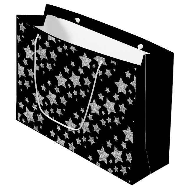 Silver Glitzer Glitzern Stars schwarz Große Geschenktüte (Vorderseite Schrägansicht)
