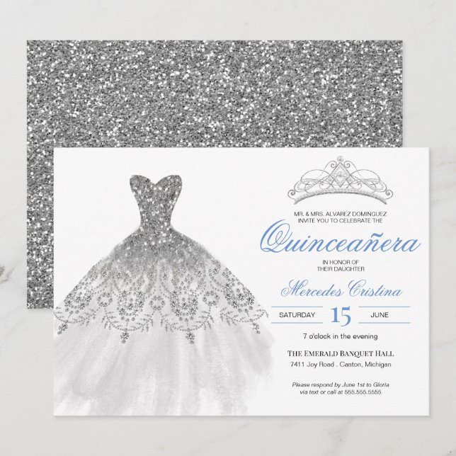 Silver Glitzer Gown Elegante Quinceañera Einladung (Vorne/Hinten)