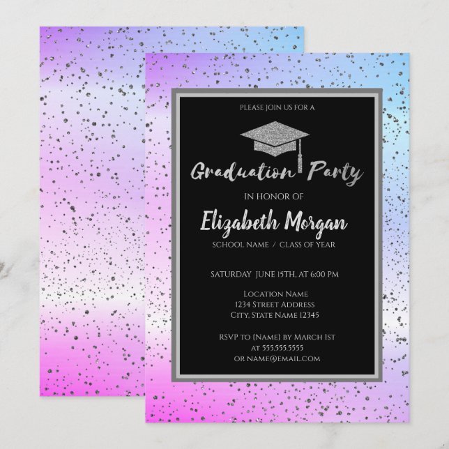 Silver Glitzer Graduation Cap, Confetti Ombre Einladung (Vorne/Hinten)