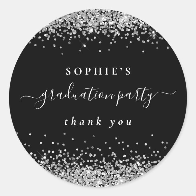 Silver Glitzer Graduation Party Black Danke Runder Aufkleber (Vorderseite)