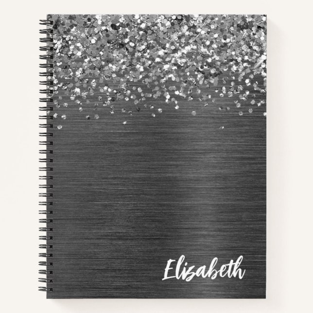 Silver Glitzer Grau gebürstetes Metal Monogramm Notizbuch (Vorderseite)