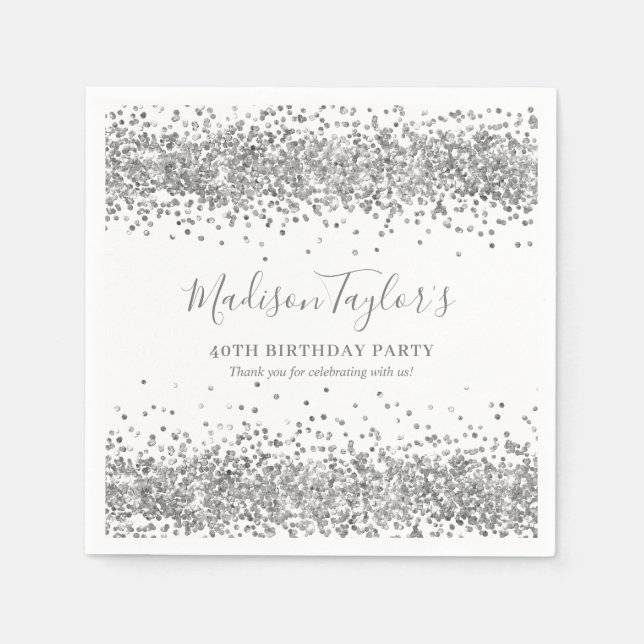 Silver Glitzer Gray Sparkle Confetti Geburtstag Serviette (Vorderseite)