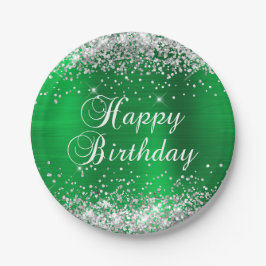 Silver Glitzer Green Foil Happy Birthday Pappteller