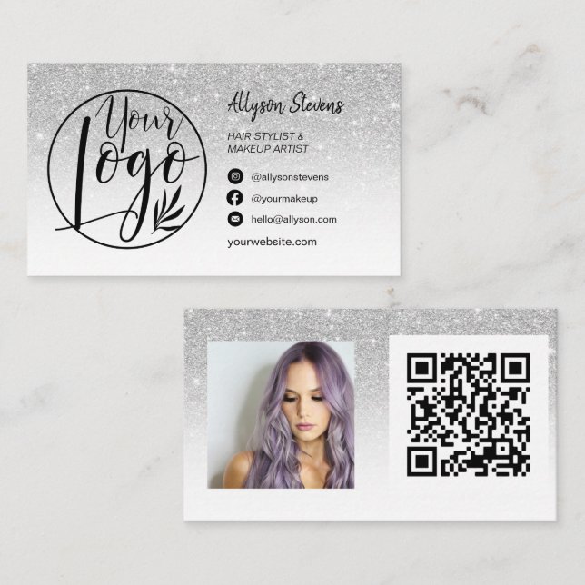Silver Glitzer Haar Make-up Foto Logo qr Visitenkarte (Vorne/Hinten)