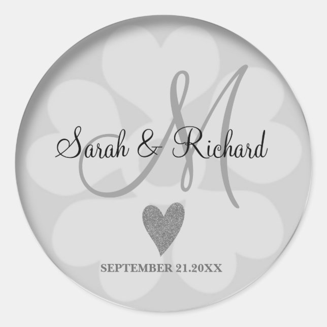 Silver Glitzer Heart Wedding Bride Groom Monogram Runder Aufkleber (Vorderseite)