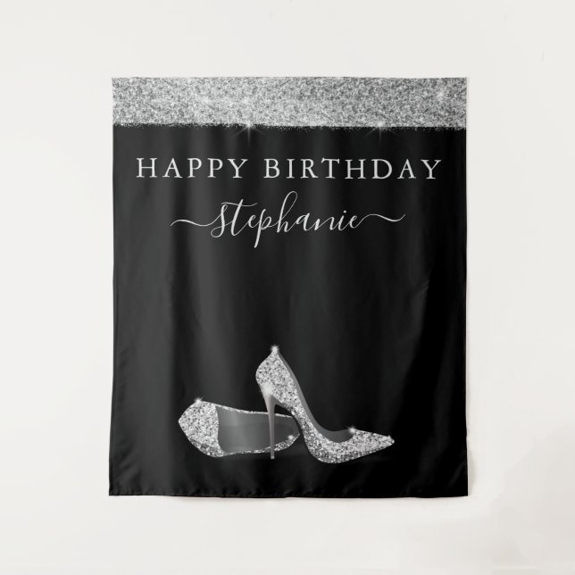 Silver Glitzer High Heels Geburtstag Hintergrund Wandteppich (Vorderseite)